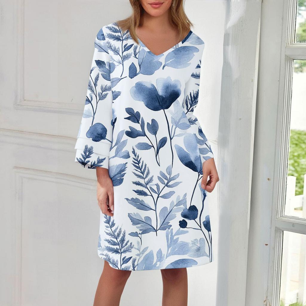 Women's Fashion V-neck Color Large Size Loose Long Large Swing 3/4 Sleeved Dress