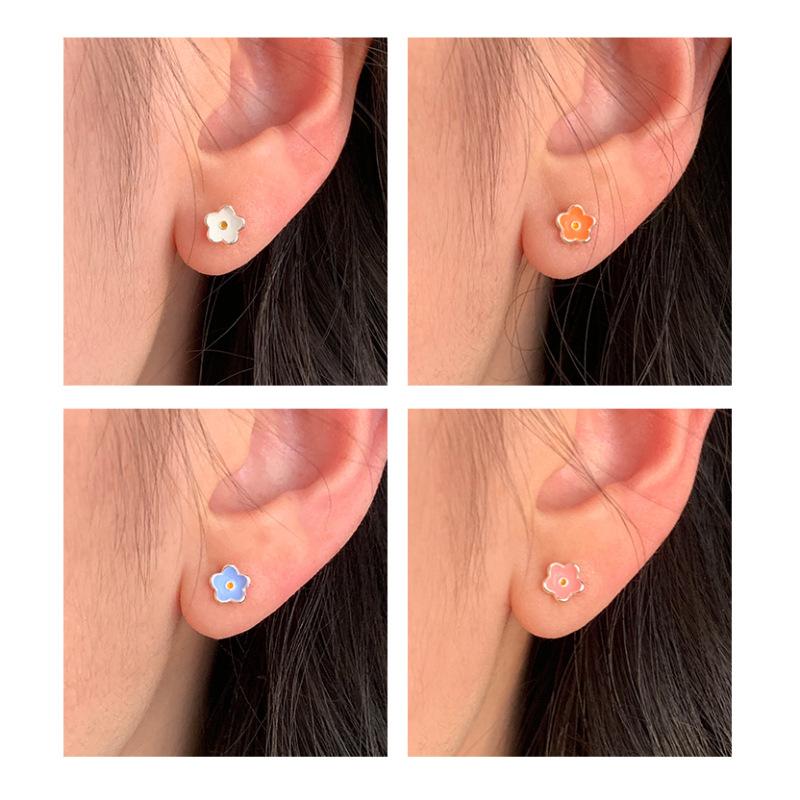 PANJBJ 925 Sterling Silve Flower Earrings For Women Girl Drip Glaze Multicolour Korean Sweet Jewelry Birthday Gift Dropshipping
