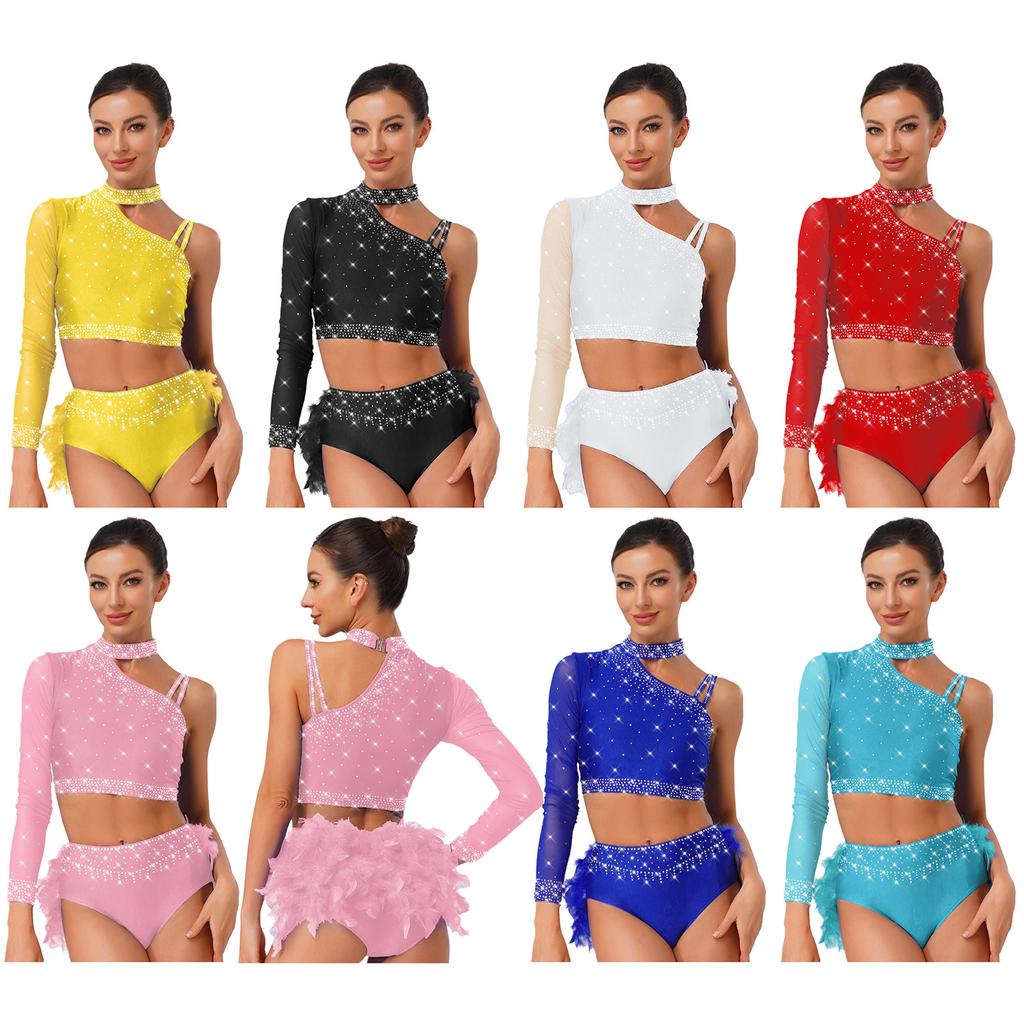 S-XXL Damen Tanz Crop Top: Asymmetrisches, glitzerndes Oberteil mit einem langen Ärmel und Strasssteinen für Bauchtanz, Chacha, Tango
