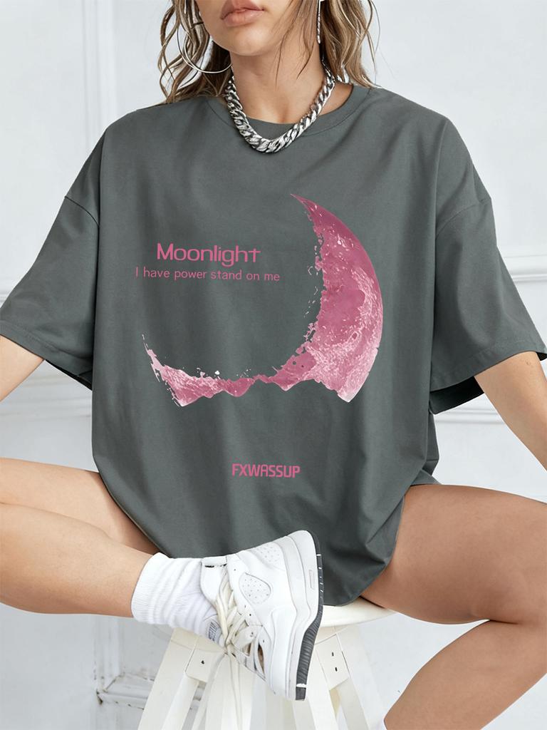 Plus Beautiful Moonlight Prints T-Shirts Womens Summer Cotton Short Sleeve T Shirt O-Neck Comfortable Loose Tops Casual Clothes