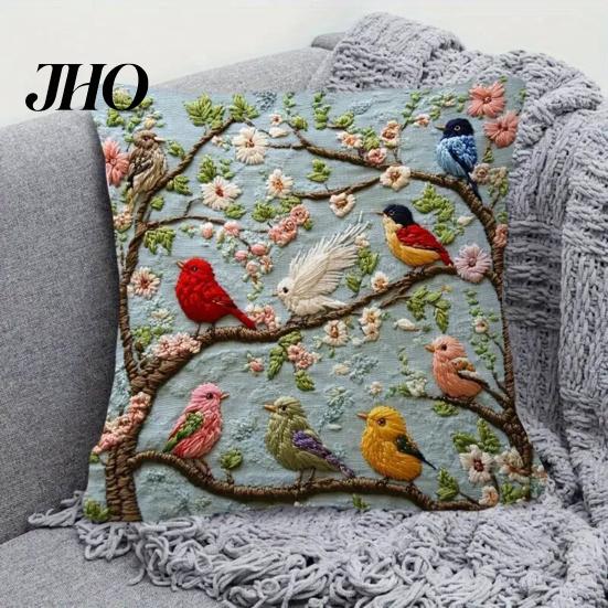 Chair Pillowcase Embroidered Throw Pillow Cover Flower Tree Bird Cushion Decorative Durable Sofa with Zipper for Living Room Couch Bed Embroidery
