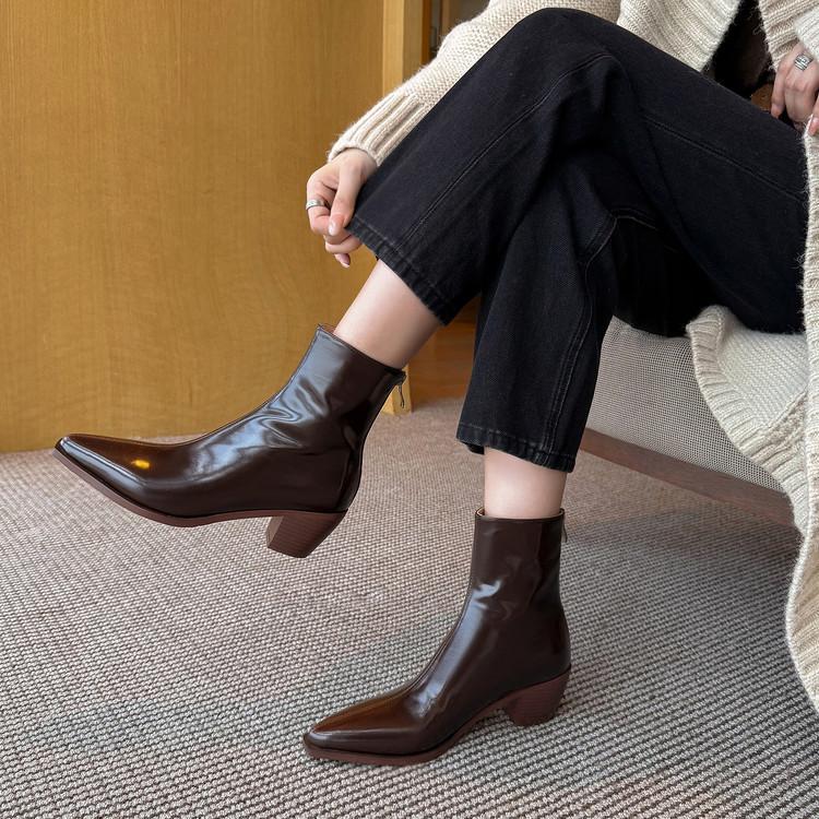 Sheepskin Version~ Black Pointed Middle Heel Boots Women's Autumn and Winter New Velvet Thick Heel and Ankle Boots Thin Boots Martin Boots