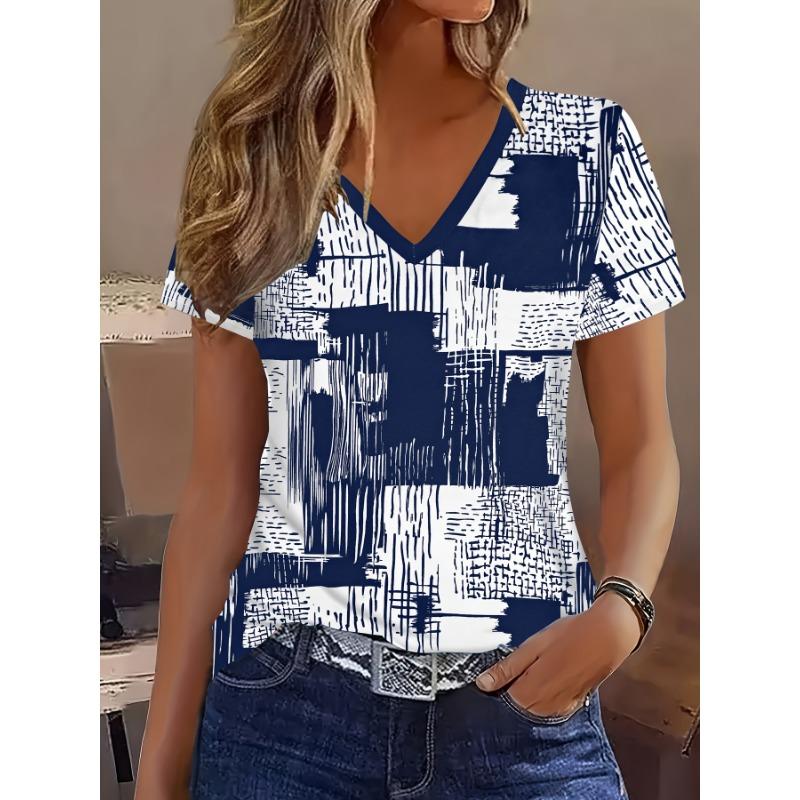 Elegant Vacation Abstract Painting Color Block Patchwork Geometric Grid Full Print | Breathable V-Neck Short Sleeve T-Shirt S