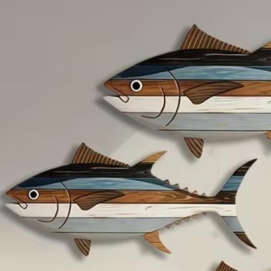 3 Pcs Wooden Fish Wall Art Nautical Coastal Theme Wall Decor Vintage Beach Wall Sculpture Lake House Hanging Ocean Ornament for Bathroom Bedroom