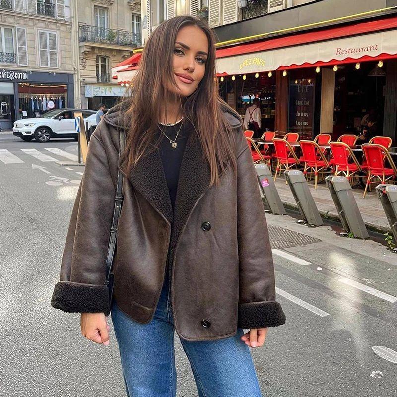 Women's Dark Brown Short Shearling Jacket, Faux Leather Trim Outerwear