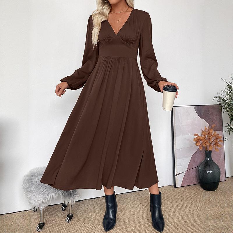 Women's V Neck Dress Autumn Winter Solid Color Fit and Flare Silhouette Pullover
