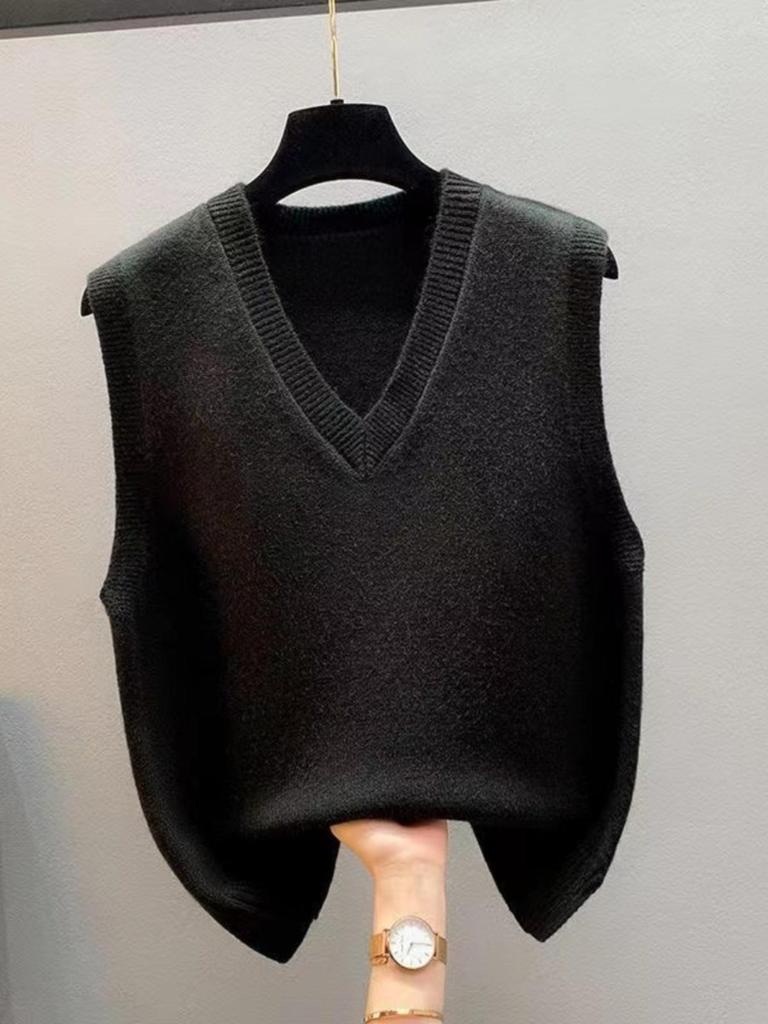 Knitted V-Neck Sleeveless Women's Cardigan Sweater - Korean Style, Loose Fit for Spring/Fall/Winter.