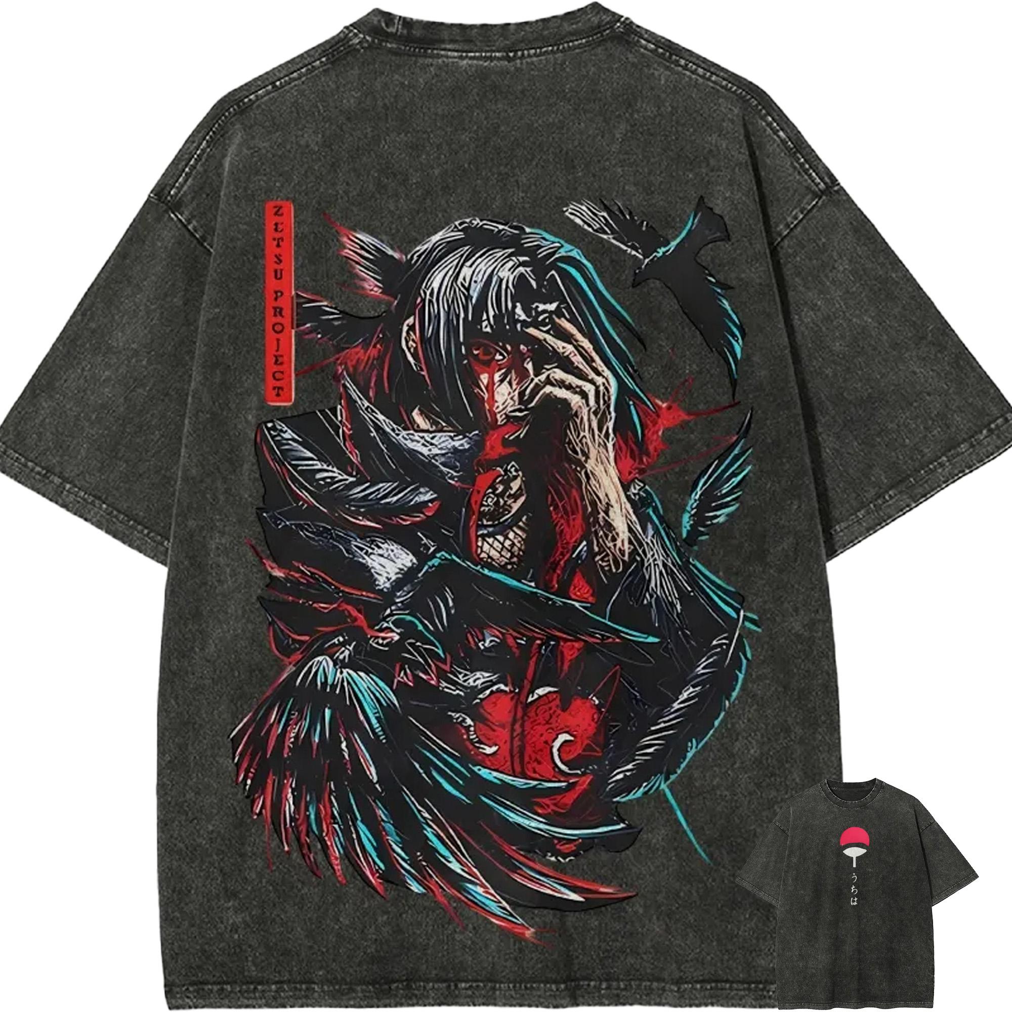 Naruto Itachi Uchiha T Shirt Akatsuki Crow Blood Vintage Acid Wash Streetwear Oversized Retro Anime Graphic Cotton Men Tees M