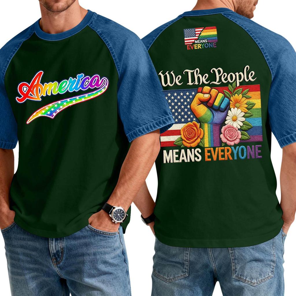 Men's Casual Short Sleeve T-Shirt Denim Patchwork Comfortable Fit Crew Neck Top with Printed Graphic Design Suitable for Everyday Wear