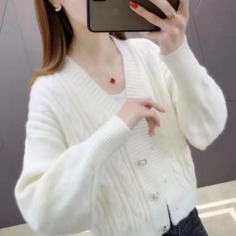 

New autumn and winter knitted top cardigan casual loose v-neck long-sleeved lazy sweater jacket women XXL
