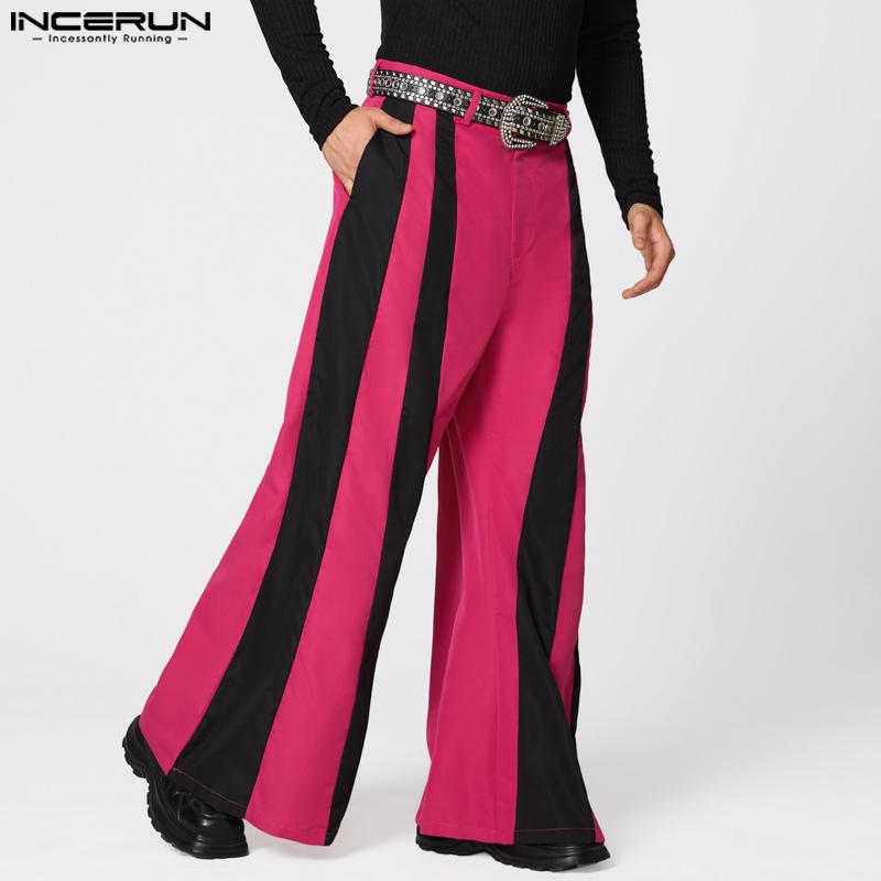 INCERUN Men's High Zipper Waist Striped Patchwork Casual Long Flare Pants Trousers