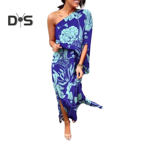 Women's One Shoulder Maxi Dress Batwing Sleeves Floral Printed Split Long Dress Pleated High Waist Cocktail Party Dress
