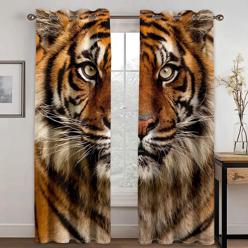 3D Digital Printing Curtain for Kitchen, White Tiger, Wild Animal Pattern, Short Window Curtains, Living Room, 2 Panels