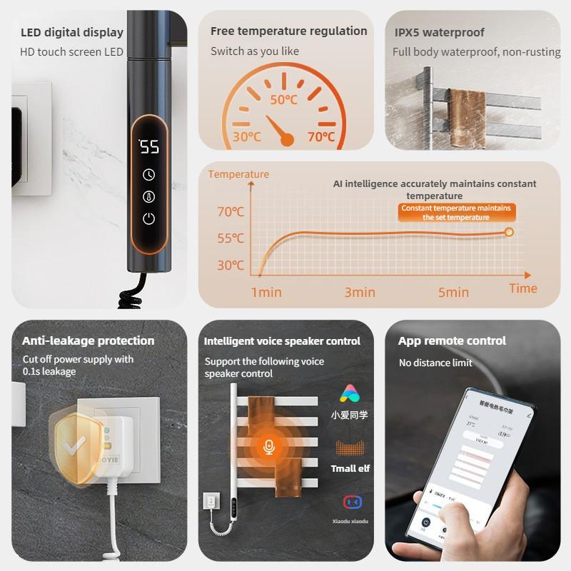 Wall Mounted Rotating Electric Heating Towel Bar Home Bathroom Intelligent Constant Temperature Drying Towel Rack