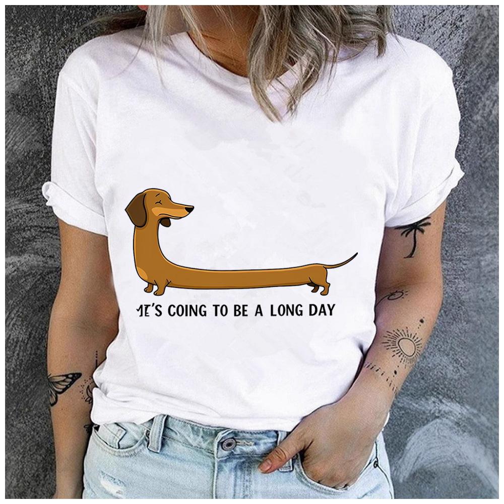Polyester 100% It's Going To Be A Long Day Dachshund Graphic Women T-Shirt Funny Wiener Dog Lover Casual Tee
