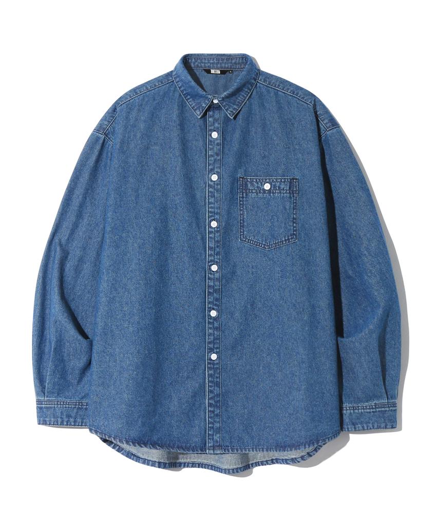 TRILLION Stone Washed Oversized Denim Long Sleeve Shirt (Middle Blue)