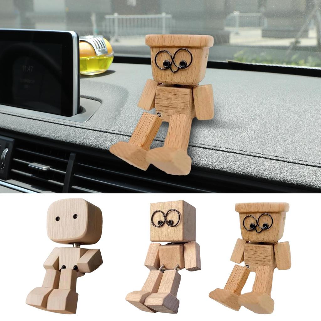Creative Statue Shaking Wooden Man Figurine Man Tabletop Decor for Car Dashboard Study Shelf Display Desk Bedroom Living Room