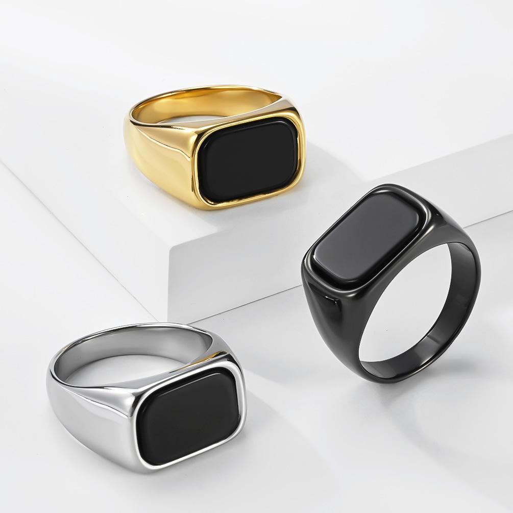 Cold Wind Square Black Gemstone Titanium Steel Ring Men's Niche High-end Sense Literary Temperament Ring