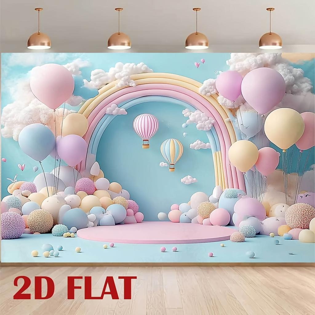 1 Piece 2D Flat Background Cloth, Blue-pink Balloon Rainbow Arch Background Banner, Home Decoration Photo Props