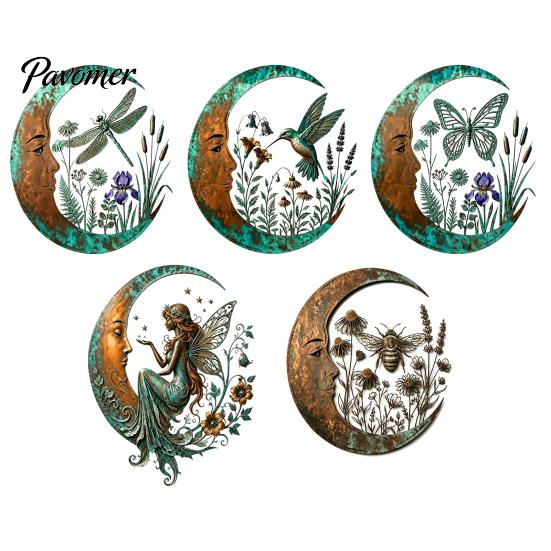 Durable Metal Craft for Garden Vintage Crescent Moon Wall Art, Fairy Witch Bee Dragonfly Iron Hanging Rustic Turquoise Home Accents Decor, Sculpture