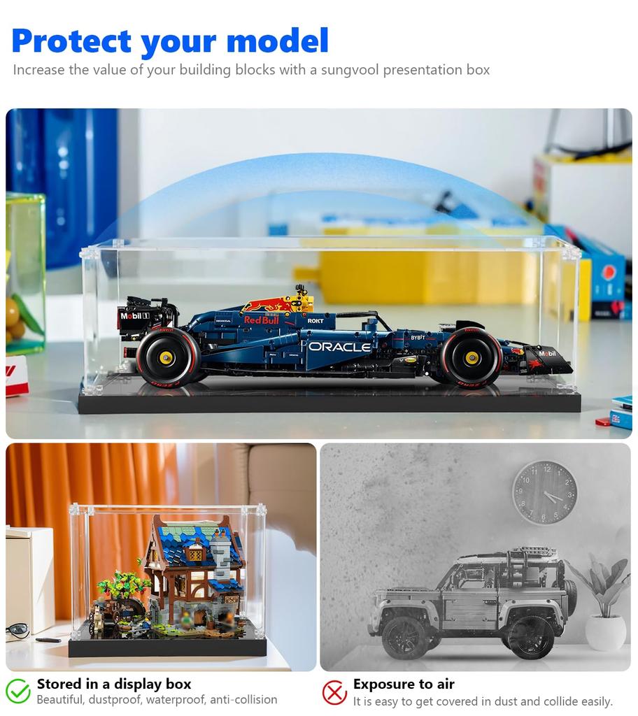 Sungvool Building Blocks F1 Race Car Acrylic Display Box with LEGO Technic F1 Race Freestanding Black Base Storage Reinforced Construction to Protect