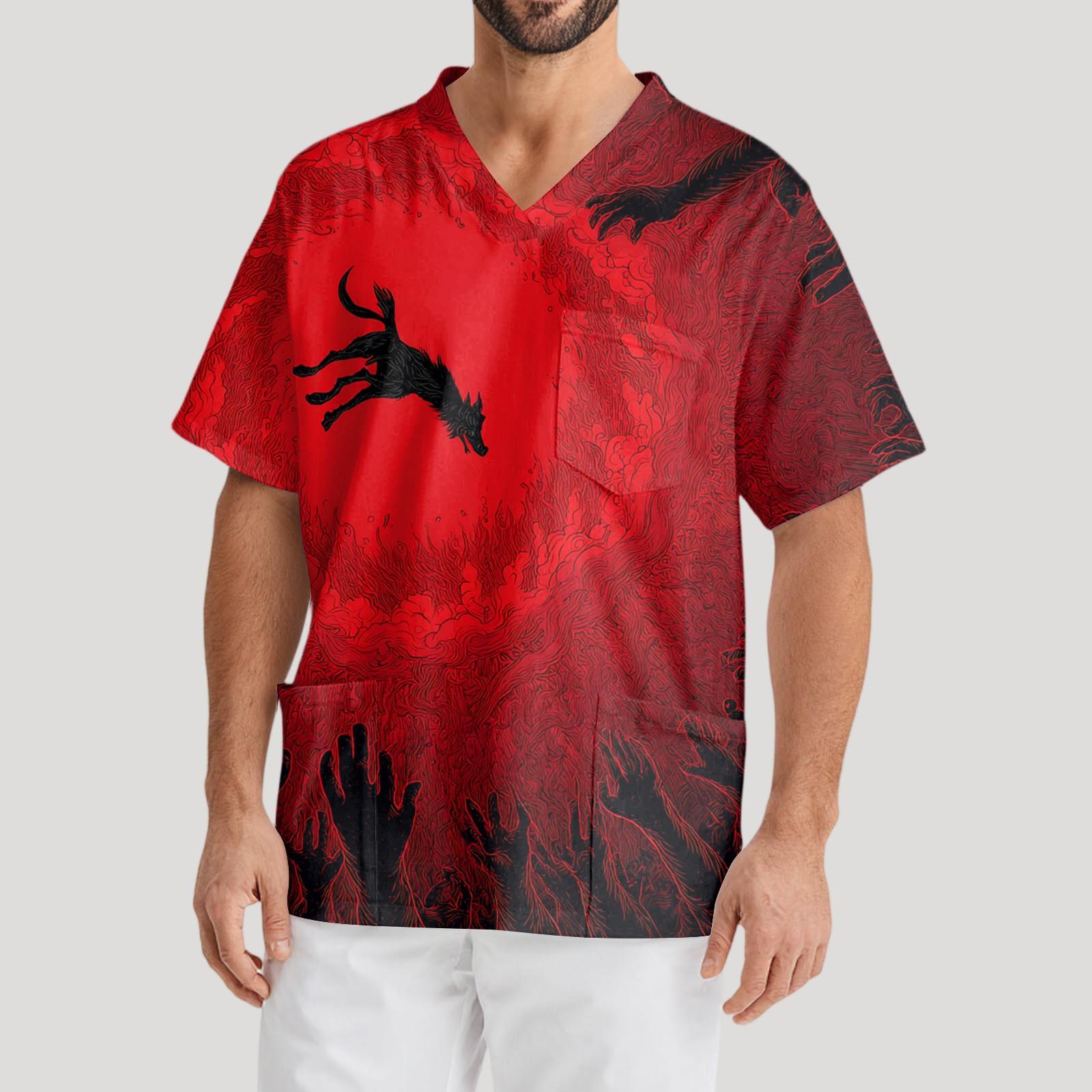 

Men s Printing Short Sleeve V-neck Working Blouse Chest Pocket Carer Top XXL Кіновар