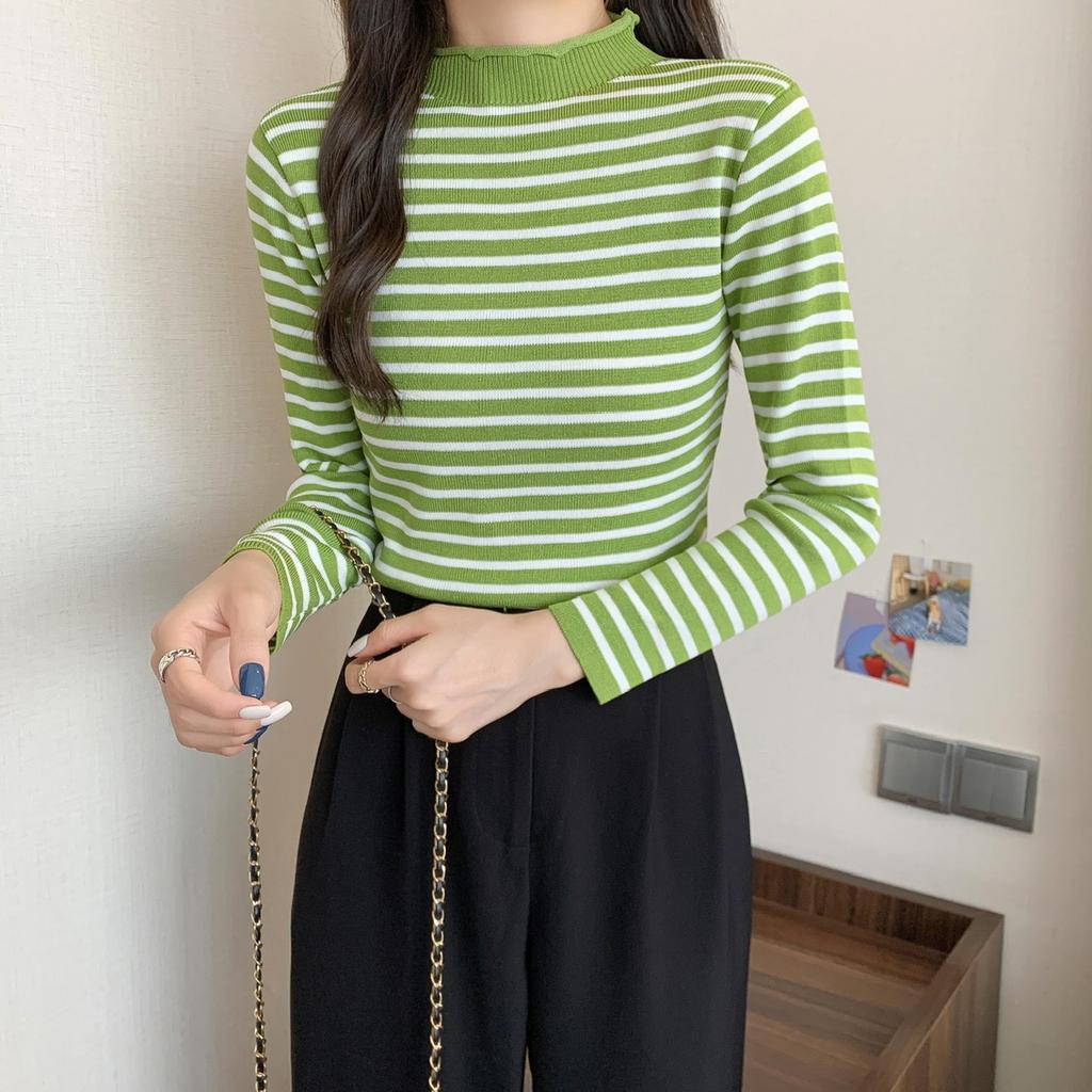 Women Striped Mock Neck Sweaters Slim Elastic Long Sleeve Casual Pullovers Knitted Warm Tops For Women 2023 Autumn Winter
