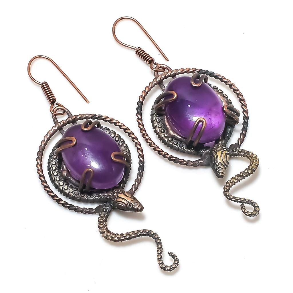Amethyst Earrings Gemstone Jewelry, 999 Copper Wire Wrapped Earrings, Gift For Women Handmade Earrings