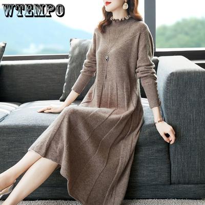 Robe Tricotée Mi-longue Robe Pull Femme Couleur Unie Automne et Hiver Longueur Genou Pull