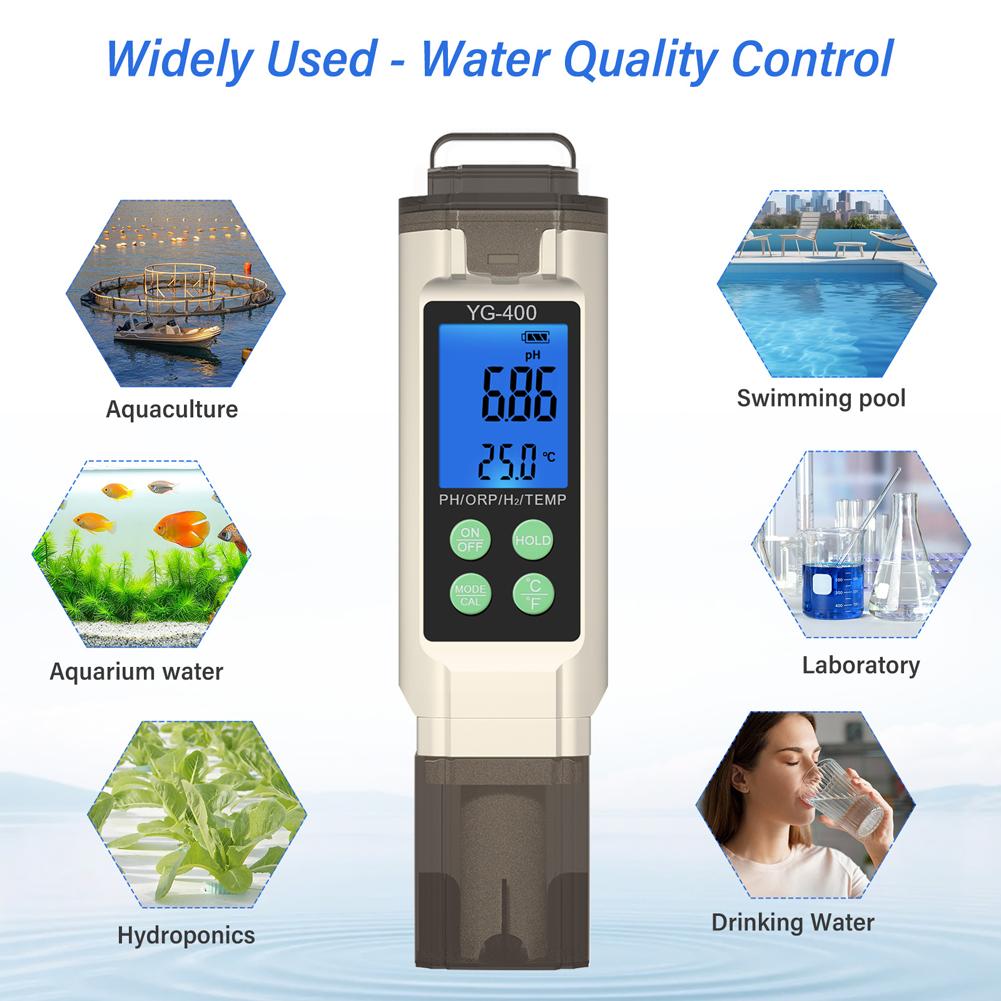 4 in 1 Digital PH ORP Temperature H2 Meter ppm ppb Dissolved Hydrogen Water Tester for Aquarium Drinking Water Hydroponics Pool