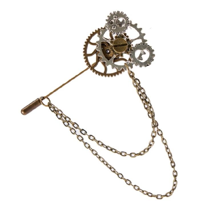 Steampunk Zahnrad Brosche Anstecknadel mit Metallkette Gothic Vintage Schmuck Abzeichen