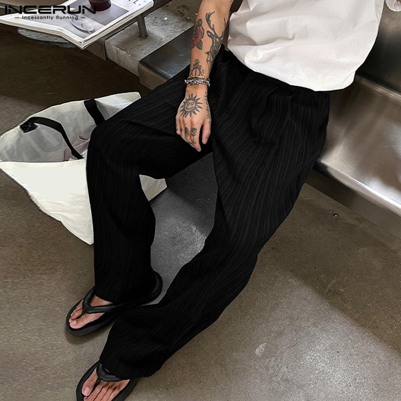 INCERUN Men Spring Zipper Up High Waist Texture Trousers Casual Button Straight Pants