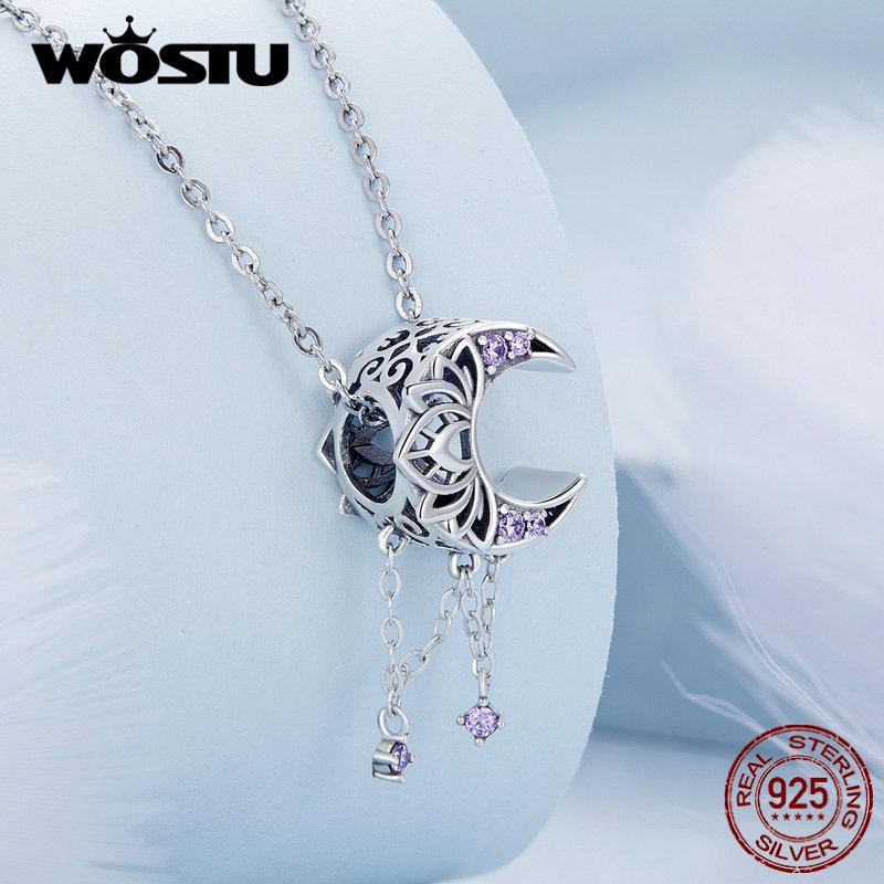 WOSTU 925 Silver Dreamy Purple Heart Charms Safety Chain Space Jewelry Beads Fit Original Bracelet DIY Bangle For Women