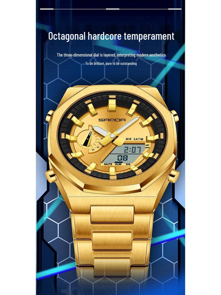 Sanda Men's Multifunctional Dual Display Watch with Countdown, Alarm, Daylight Saving, and Waterproof Features