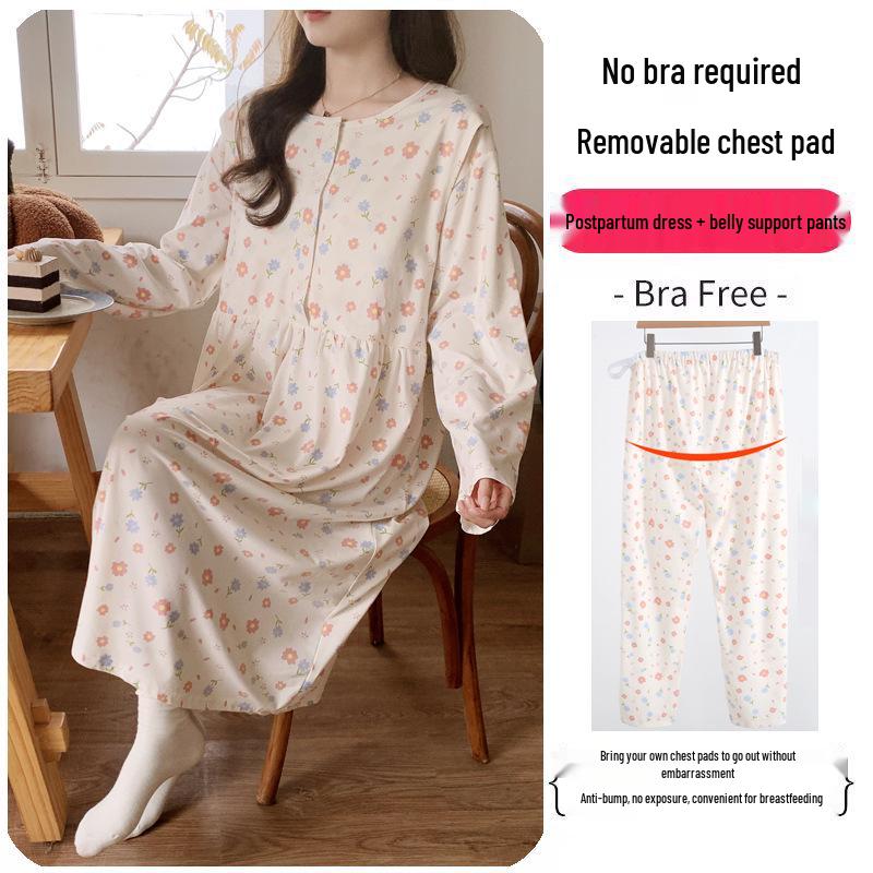 Maternity Labor Gown & Nursing Pajama Set with Built-in Bra for Spring/Summer