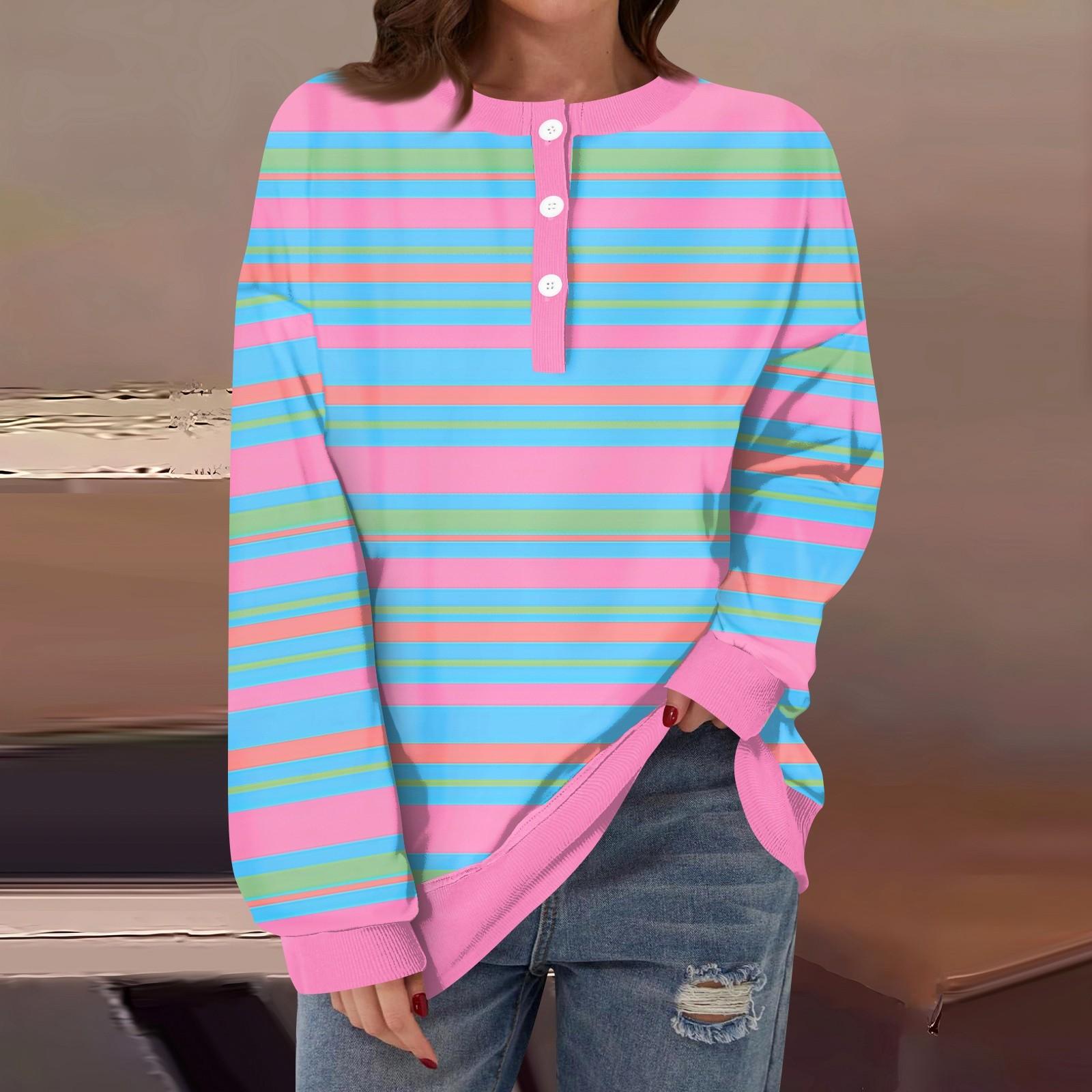 

Женская повседневная мода удобная полосатая футболка с длинным рукавом и круглым вырезом на пуговицах, свободный подол с боковыми разрезами XXL