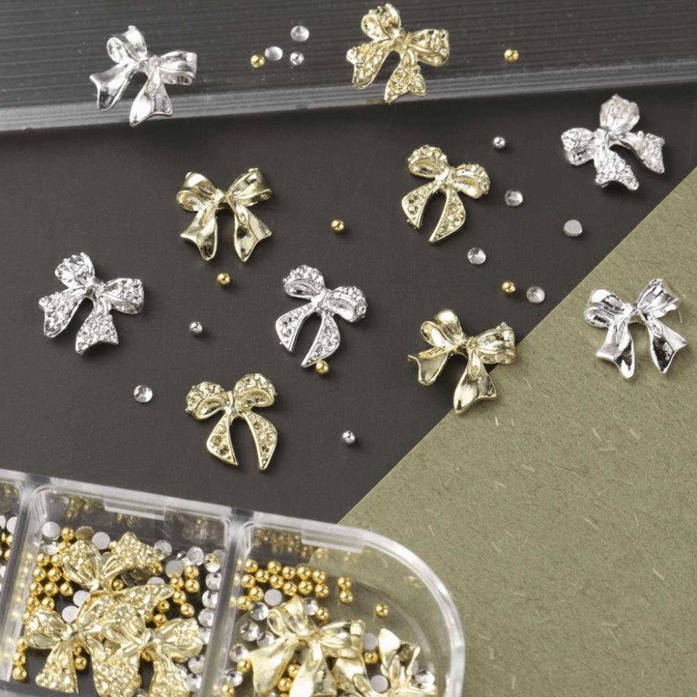 6 Grids Nail Art Decorations Metal Diamond Bow-Knot & Star Shape DIY Nail Decor Punk Style Mixed Designs Nail Charms