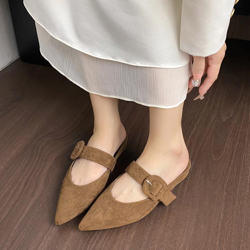 

Модные Модные Тапочки Осень Новые Острый Носок Неглубокие Замшевые Прямой Ремень Мягкая Подошва Нескользящие Низкий Каблук Закрытый Носок Полудраг 35