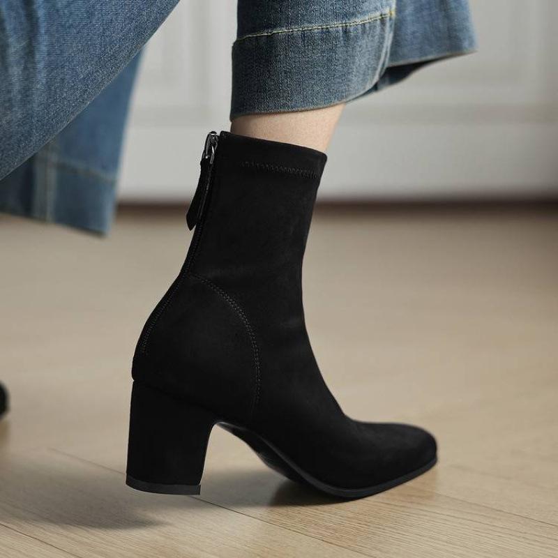 New elastic suede large size women's boots solid color high heel medium boots women's rear zipper beef tendon soft bottom Korean version fashion boots