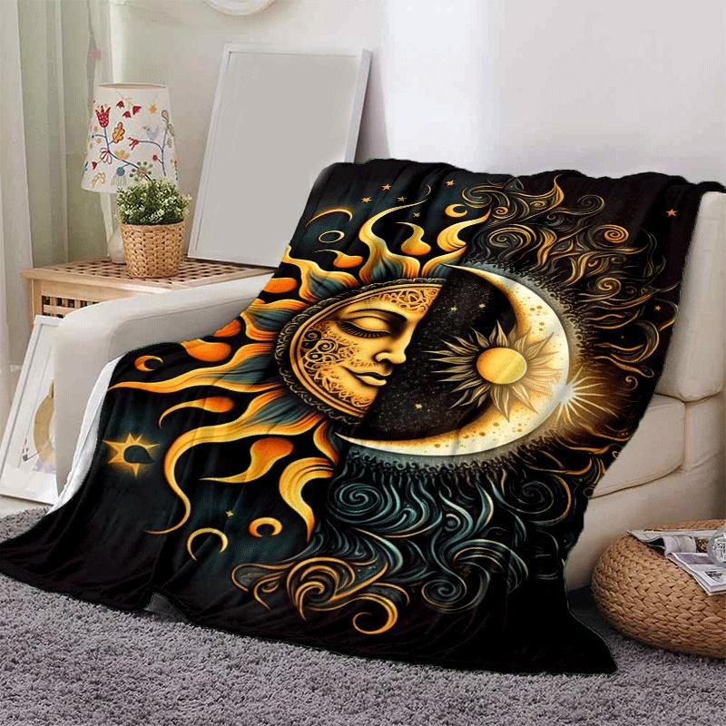 1pc Sun Moon Printing Lightweight Flannel Blanket, Comfortable and Warm Blanket, for Camping Sofa Bed and Couch Office, in All Seasons
