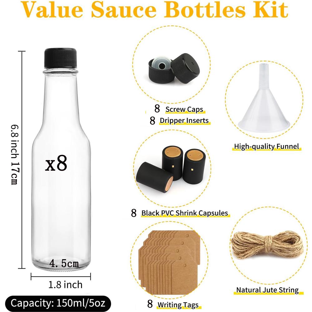 5oz 150ml Hot Sauce Bottles, Clear Glass Woozy Bottles with Leak Proof Black Screw Caps, Dripper Inserts and Shrink Capsules,