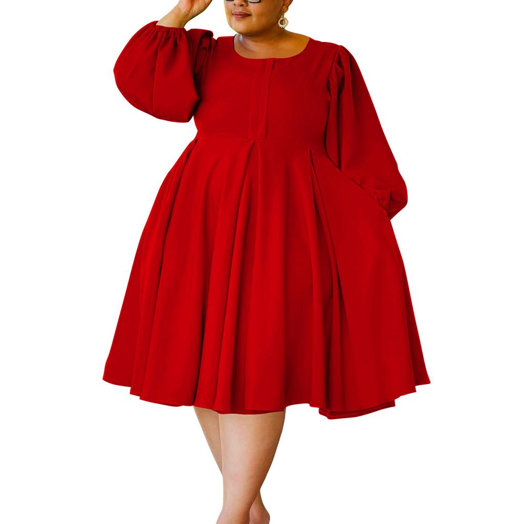 Plus Size Women's Fashion Casual Solid Color Skirt Puffy Sleeve Dress