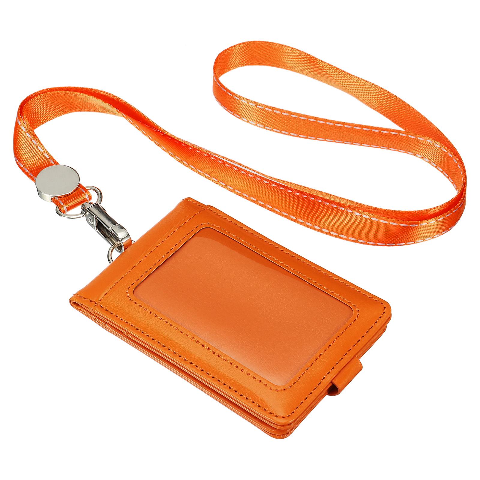 1Pcs PU Leather ID Badge Holder with Detachable Neck Lanyard Set Folded Credit Holder with 1 Clear Window 4 Card Slot for Office оранжевый