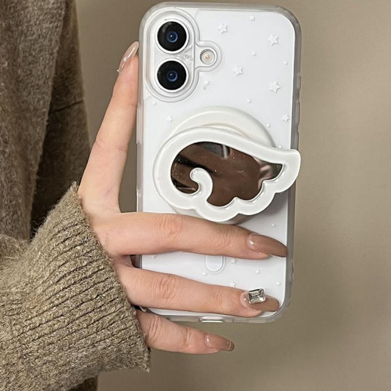 Korean Cute 3D Wings Makeup Mirror For Magsafe Griptok Holder Phone Finger Ring Stand Support For iPhone 16 Girl Bracket