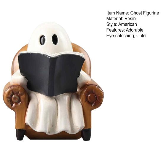 Halloween Ghost Figurine Resin Ghost Sitting on Sofa Reading Book Statue Vintage Table Decoration for Book Lovers Gifts