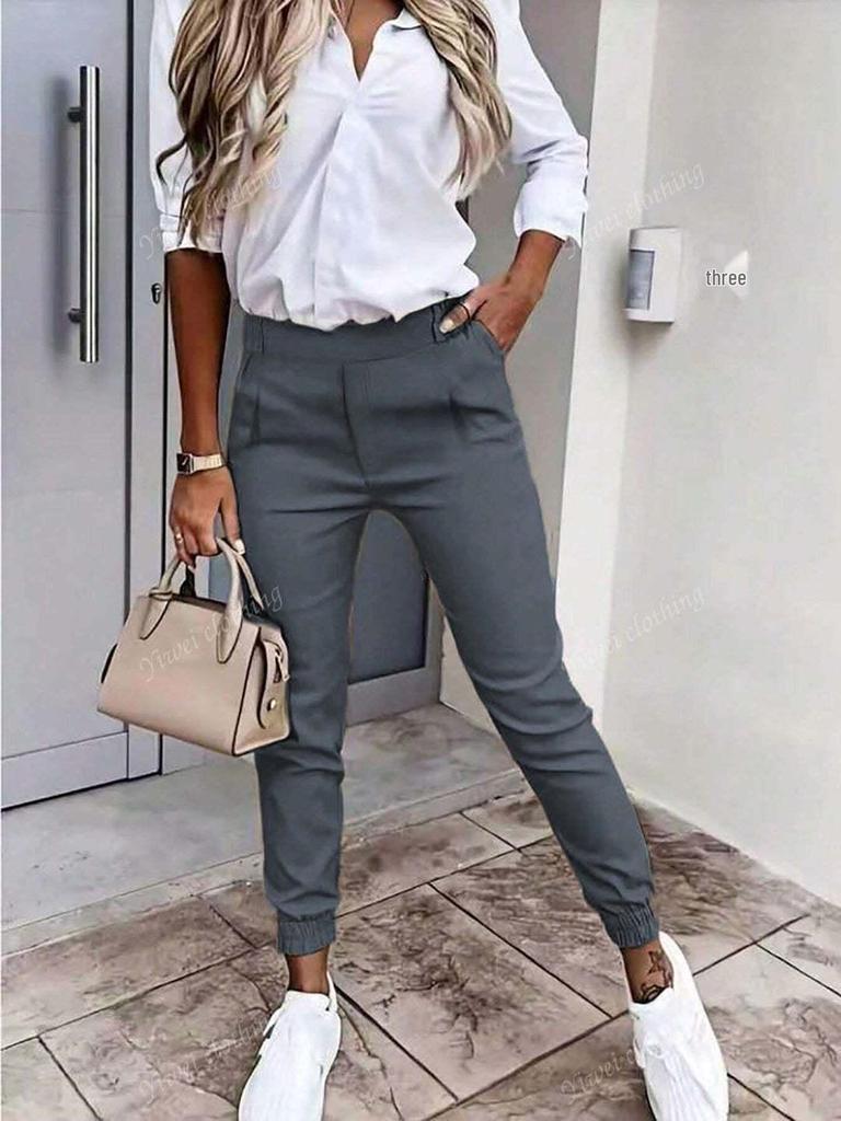 Europäische & Amerikanische Damen High-Waist Plissee Slim-Fit Jogginghosen mit Elastischen Bündchen - Lässige Bürohosen