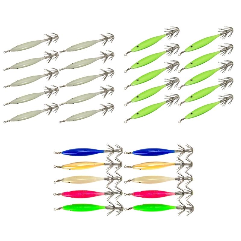 10Pcs Shrimp Lures Baits Squid Jig 3.6g Fluorescent Squid Jig Cuttlefish Hook Glow Jig Hook for Saltwater Fishing