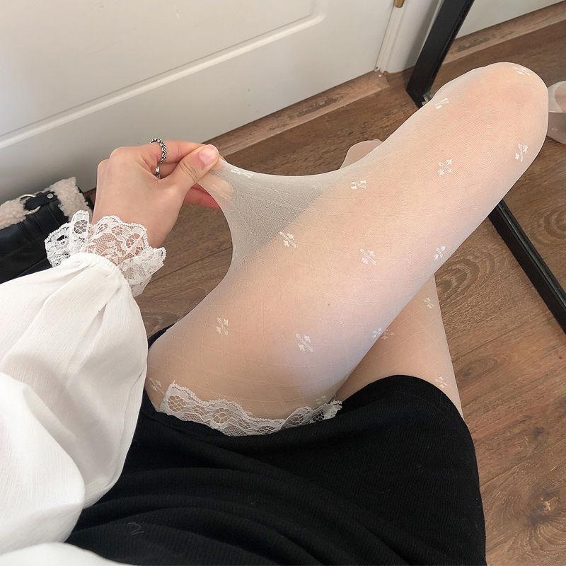 Japanese-style Black Pantyhose - Spring-Summer Thin JK White Stockings with Anti-Run Jacquard & Clover Pattern for Women