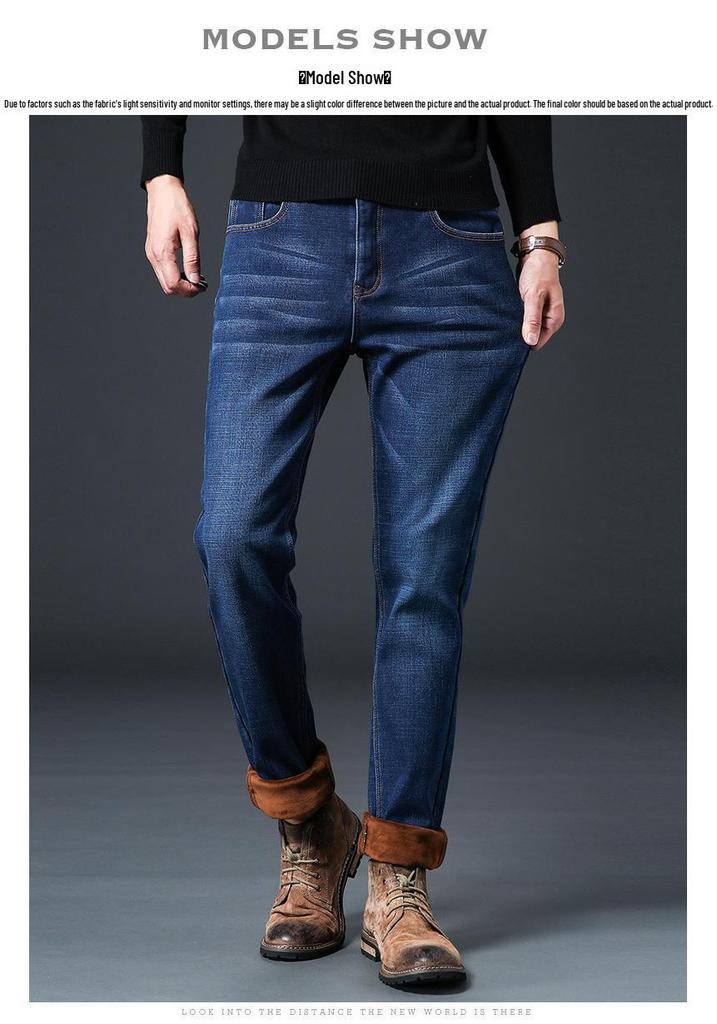 Men's 2024 Winter Straight White Jeans with Plus Velvet for Warmth