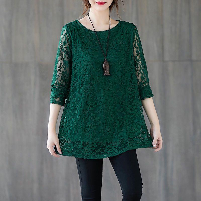 Spring Autumn Women's Round Neck Lace Blouse Mid-Length Loose Hollow-Out Plus Size Blouse